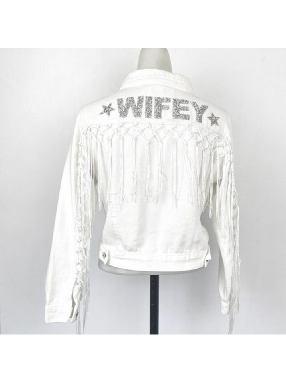 Event Blossom White Fringe WIFEY Rhinestone Denim Jacket with Stars Medium